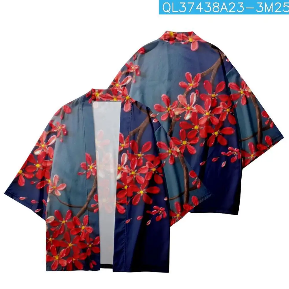 

Summer Loose Men Women Japan Red Floral Printed Gradient Cardigan Beach Shorts Streetwear Kimono Shirt Haori Cosplay Yukat