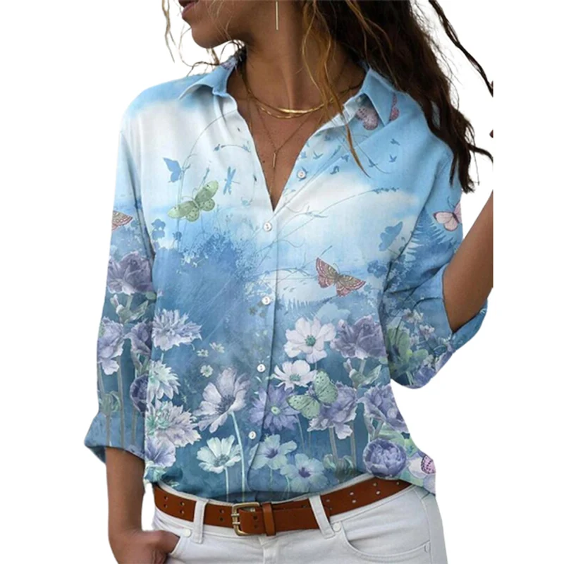 Elegant Floral Butterfly Print Print Shirt Lady Commuter Casual Commuter Single-breasted Cardigan Blouse Women Autumn Loose Tops