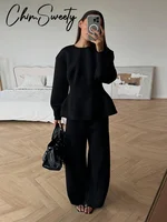 Ensemble tailleur-pantalon chic 2 pièces pour femme, haut uni à manches longues et col rond, veste plissée cintrée à la taille, pantalon large, collection Printemps 2026 6