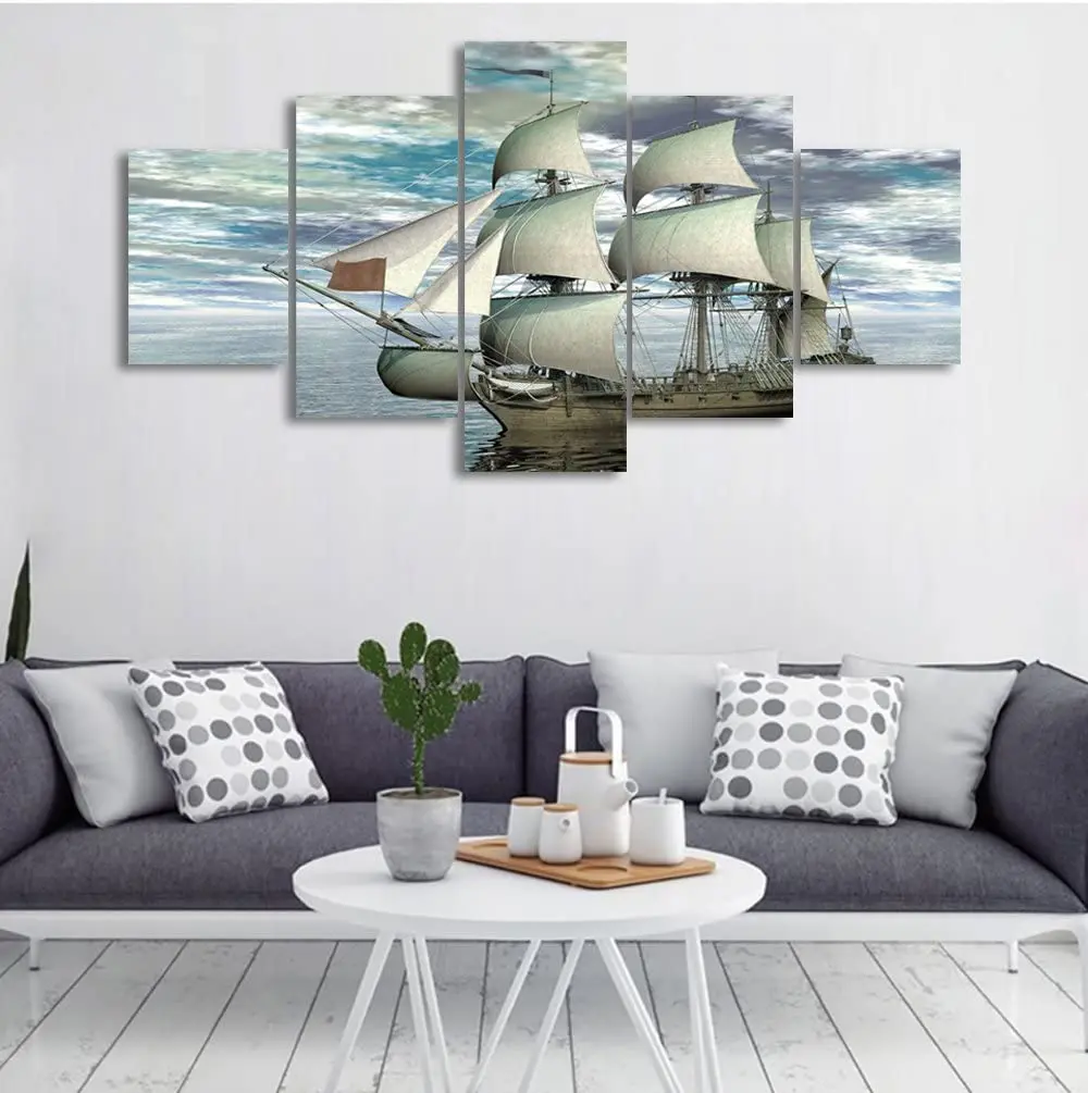 

Unframed 5 Pcs Fantasy Ship Sailing Boat in Navy Blue Sea Paintings Canvas Picture Wall Art Posters for Living Room Home Decor