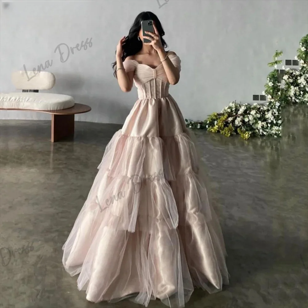 

Lena-2024 Vestidos De Fiesta Elegant Off Shoulder Layer of sheer A-line Pink Ball Dress Vestidos De Festa