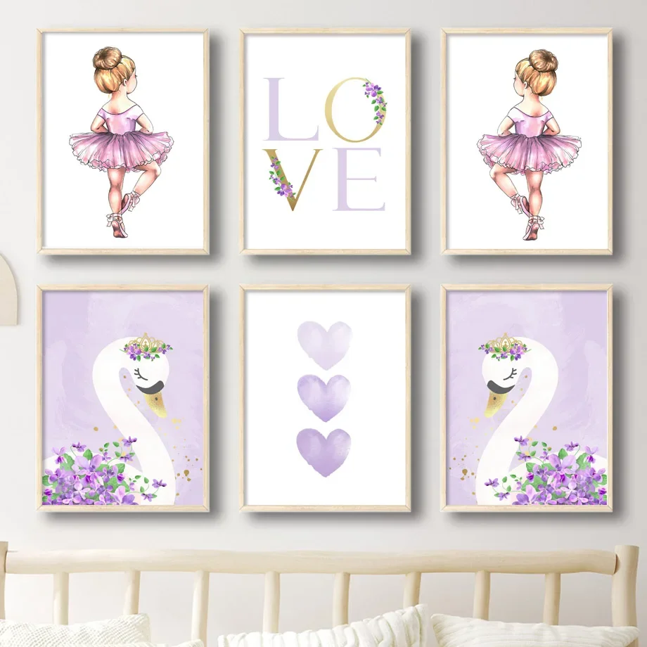 

Purple Ballet Girl Swan ABC Alphabet Number Wall Art Canvas Painting Nordic Posters And Prints Wall Pictures For Kids Room Decor