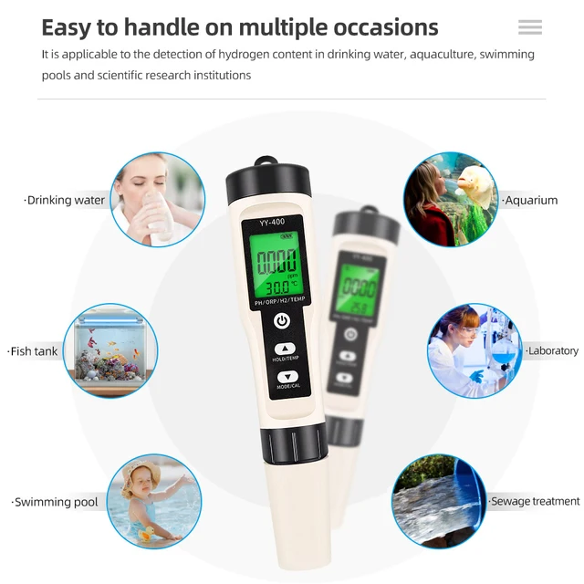 4 in 1 Water Tester Monitor H2 PH ORP TEMP Meter Reactive Oxygen Hydrogen Analyzer ATC 0-2400PPb for Aquariums Pools Spa 2