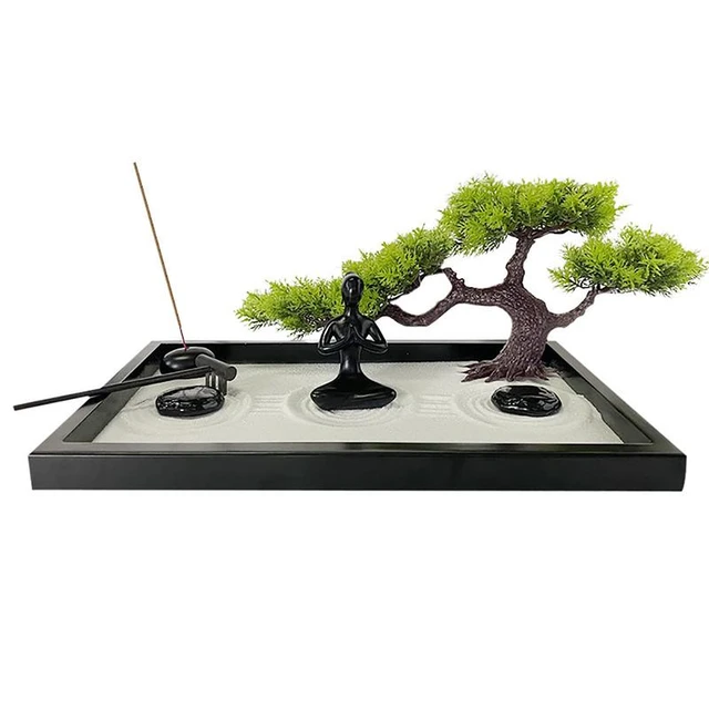 Japanese Zen Sand Garden Table Miniature Buddha Crafts Artificial Bonsai  Tree Zen Garden Innovative Black Yoga Sand Table Decor - AliExpress