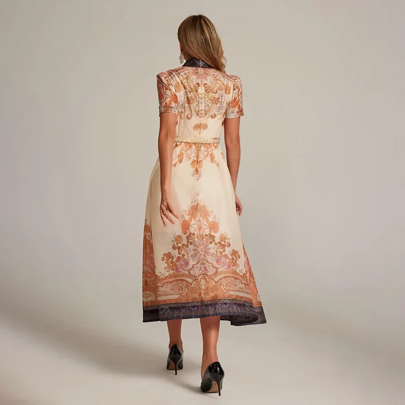 Retro Court Style Paisley Print Short Sleeve Long Dress Vintage Floral Cotton Maxi Dress for Women Baby Clothes Children's Shoes