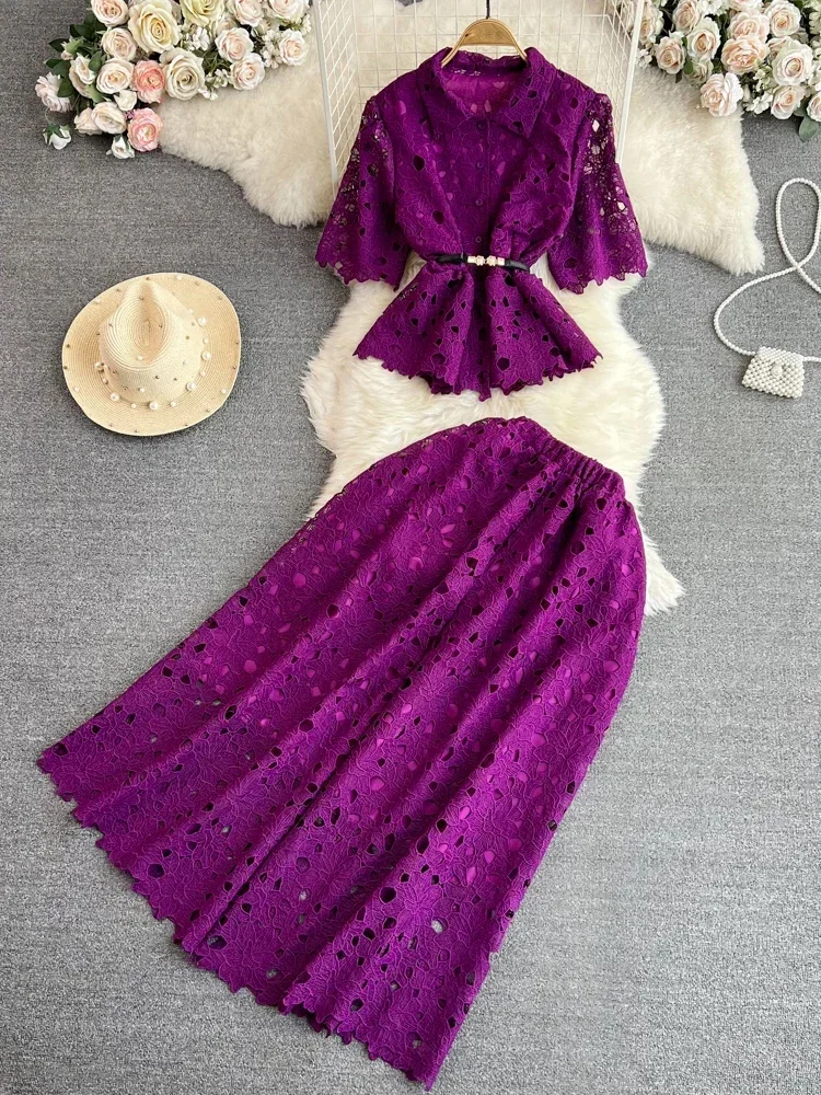 Women Summer Dress Sets Vintage Style Short Sleeve Hollow Out Single Breasted Shirt Two Piece High Waist A-Line Dress D3289 - Image 2