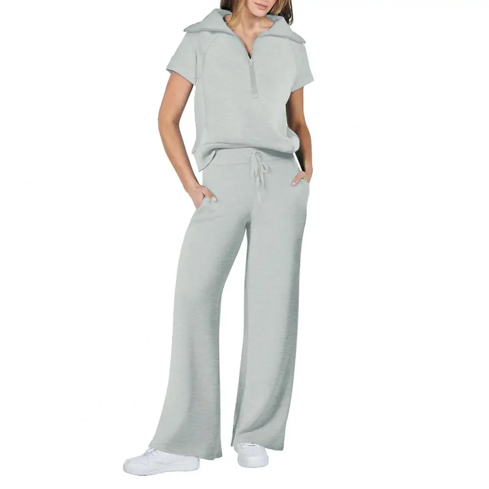 Women Top Pants Set Stylish Women's Top Pants Set With Turn-down Collar Half Zipper Solid Color Short Sleeves T-shirt Wide For A