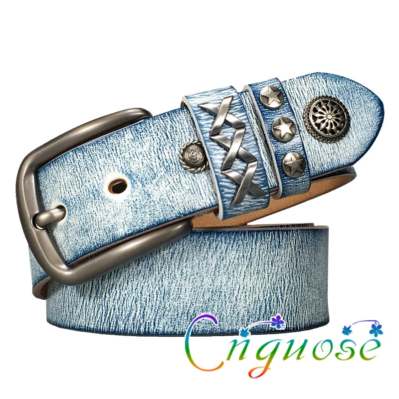 

Original Design Leather Vintage Retro Do Old Casual Denim Light blue Neutral Rivet Jeans Belt Made of Cowhide Female 2022