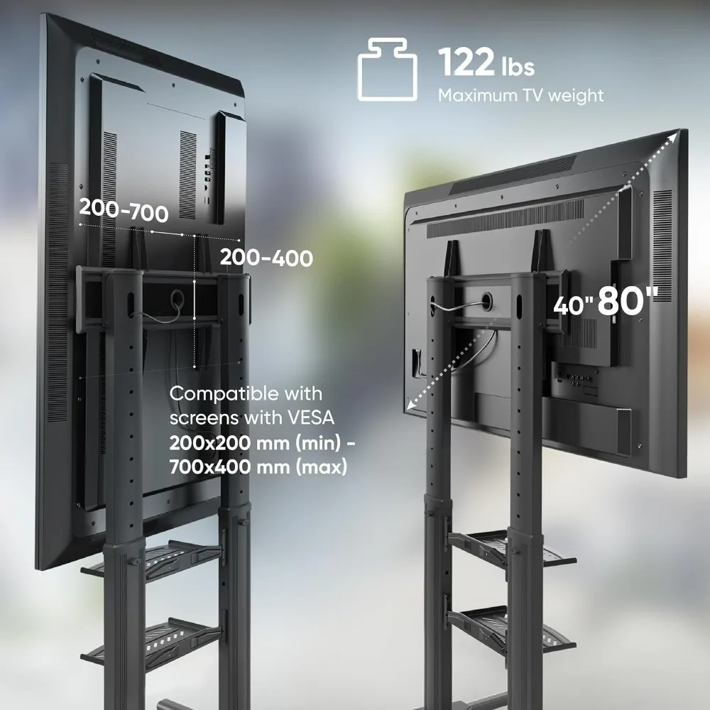 Aluminum TV Stand with Wheels for 40-80 Inch Screens, Adjustable Height, Up to 144 lbs Capacity