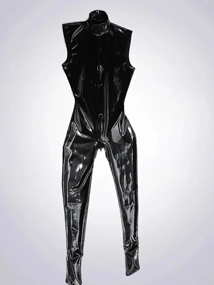 

Sleeveless Wet Look PVC Catsuit Bodystocking Shiny PU Leather Zipper Open Crotch Bodysuit Tights Sexy Leotard Conjoined Unitard