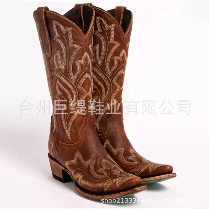 Mid-Calf Western Boots Fashion Women's Embroidered Cowboy Cowgirl Boots Pointed Toe Thick Heels Mid-calf Riding Boots