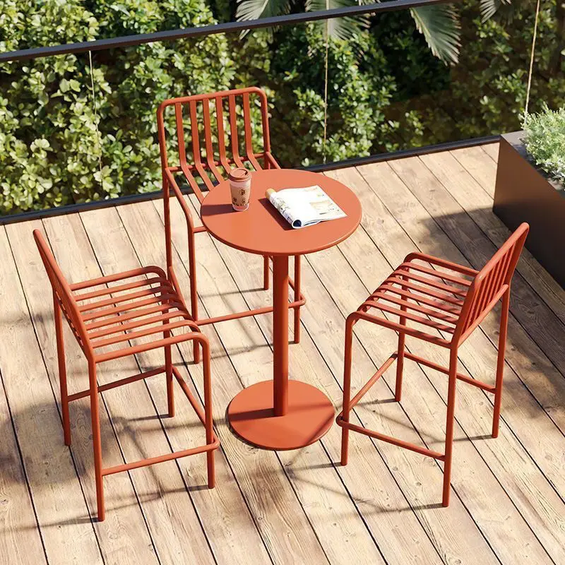 Modern Outdoor Creative High-Leg Sturdy Bar Table and Chair Set Iron Milk Tea Shop Cafe Balcony Villa Courtyard Patio Leisure