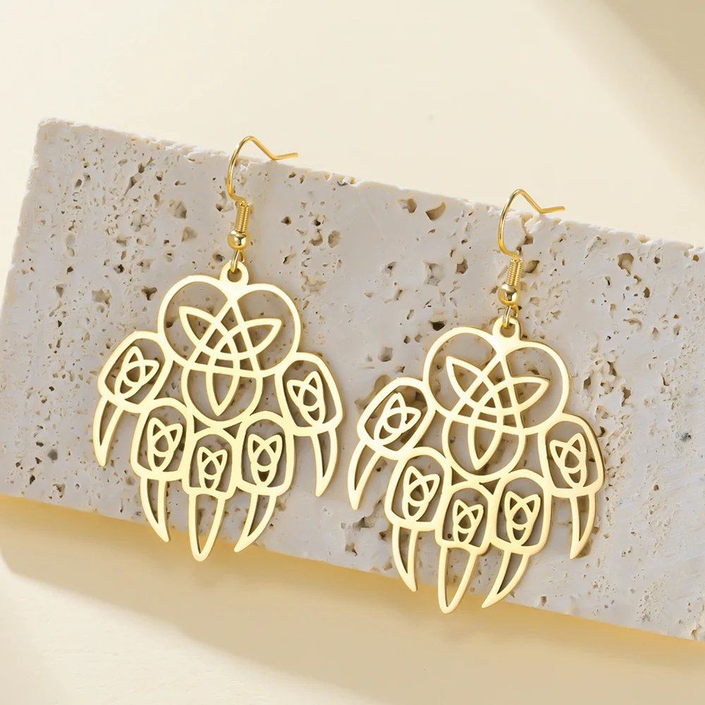 Dawapara Bärenpfoten-Dreifaltigkeitsknoten-Ohrringe, Vintage Tribal Triquetra Stärkesymbol Keltischer Schmuck, Edelstahl-Hängeohrringe – Detail 17