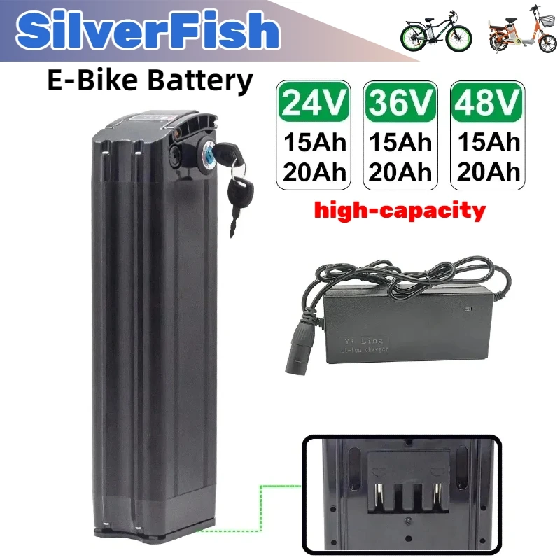 

Hot selling bottom discharge 36V/48V 20AH silver fish battery suitable for 500W 1000W 1500W bicycles with silver fish batteries