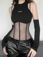 Black Bodysuit Lingerie Sexy Body Feminino See Through Corset Top Women Rave Outfit Mesh Patchwork One-Pieces Lenceria Femenina - Image 3
