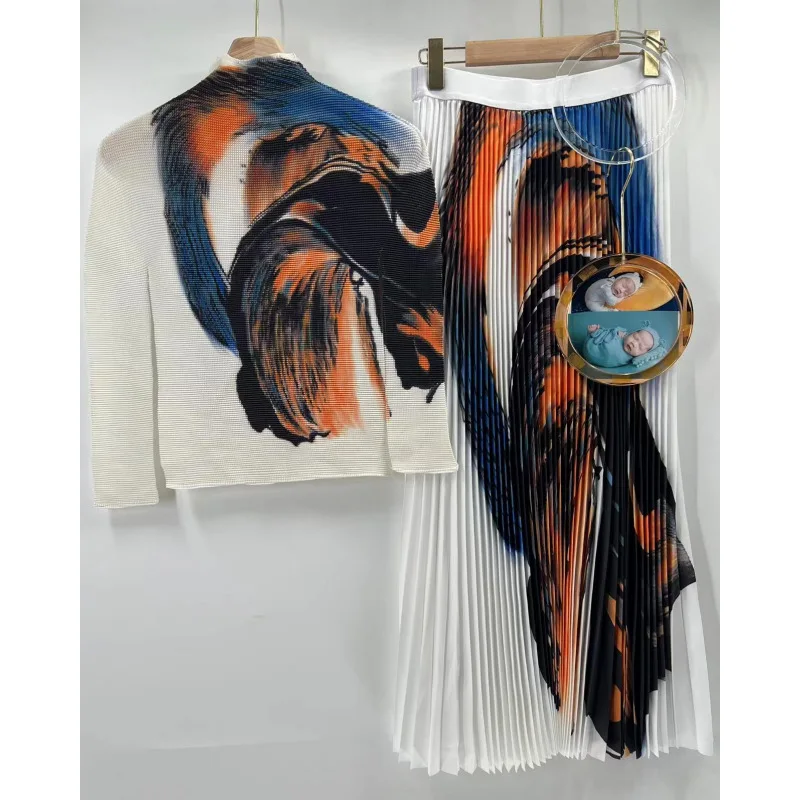 

Pleated Spring New Print Corn Pleated Long Sleeve T-Shirt+Fashion High Waist Pleated Dress Two Piece Casual Party Set