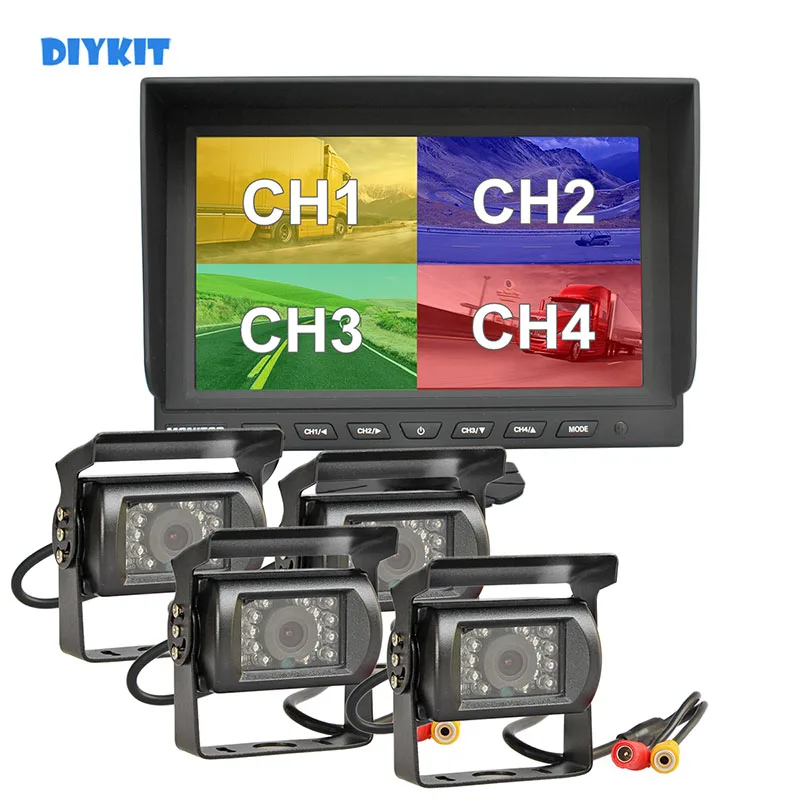 

DIYKIT 9inch Split Quad Display Rear View Monitor Car Monitor 4 x CCD IR Rear View Camera Waterproof for Car Truck Bus