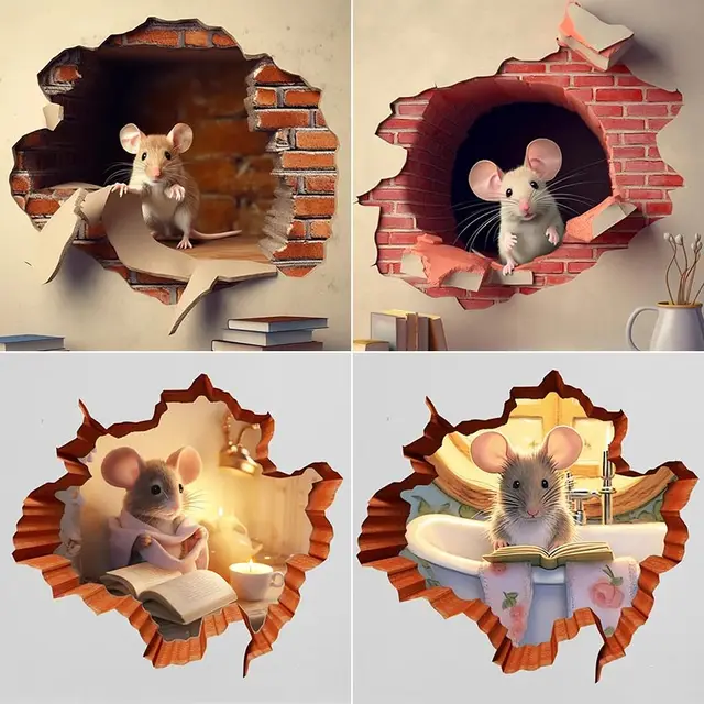Autocollant mural M735 avec trou de souris mignon, livre de lecture de souris dans l'autocollant de trou mural, autocollant de trou de souris, décor de lecture de souris 1