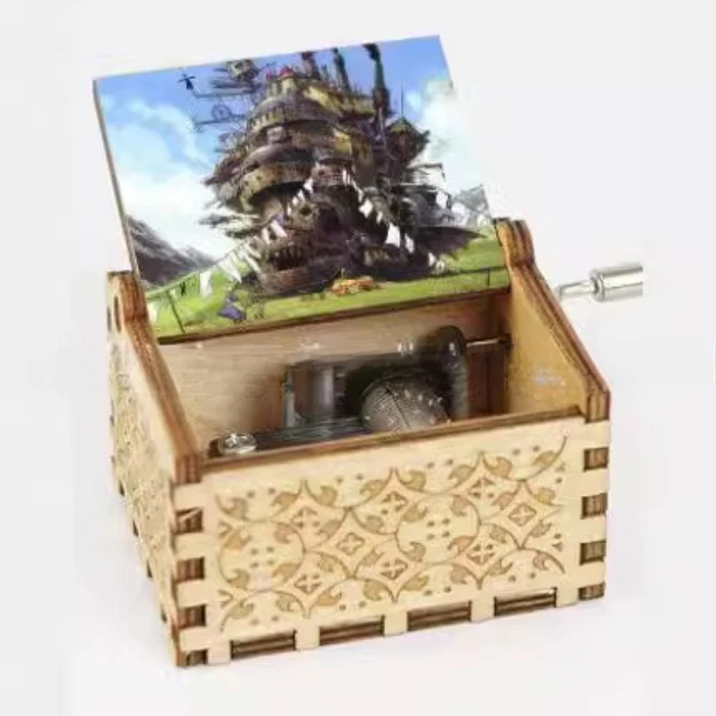 Wooden laser engraving music box Hal's castle gift peripheral children's birthday gift hand crank music box 3