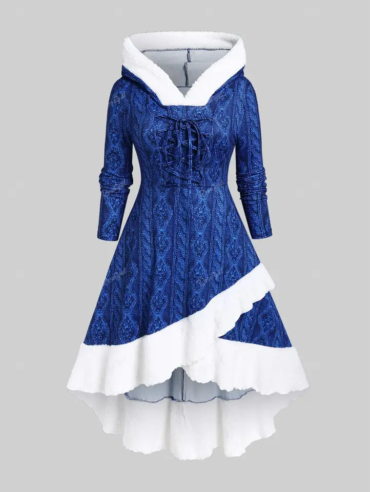 ROSEGAL Plus Size Women's Cable Knit Print Fluffy Trim Dresses Blue Hooded  Lace-up Long Sleeve Asymmetrical Winter Dress Vestido - AliExpress 200000345