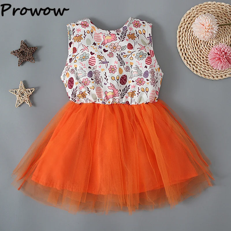 Prowow 2-6Y Easter Dresses For Girls Belted Rabbit Dress Festival Holiday Kids Easter Clothes Summer Toddler Girl Dresses baby girl doll skirt