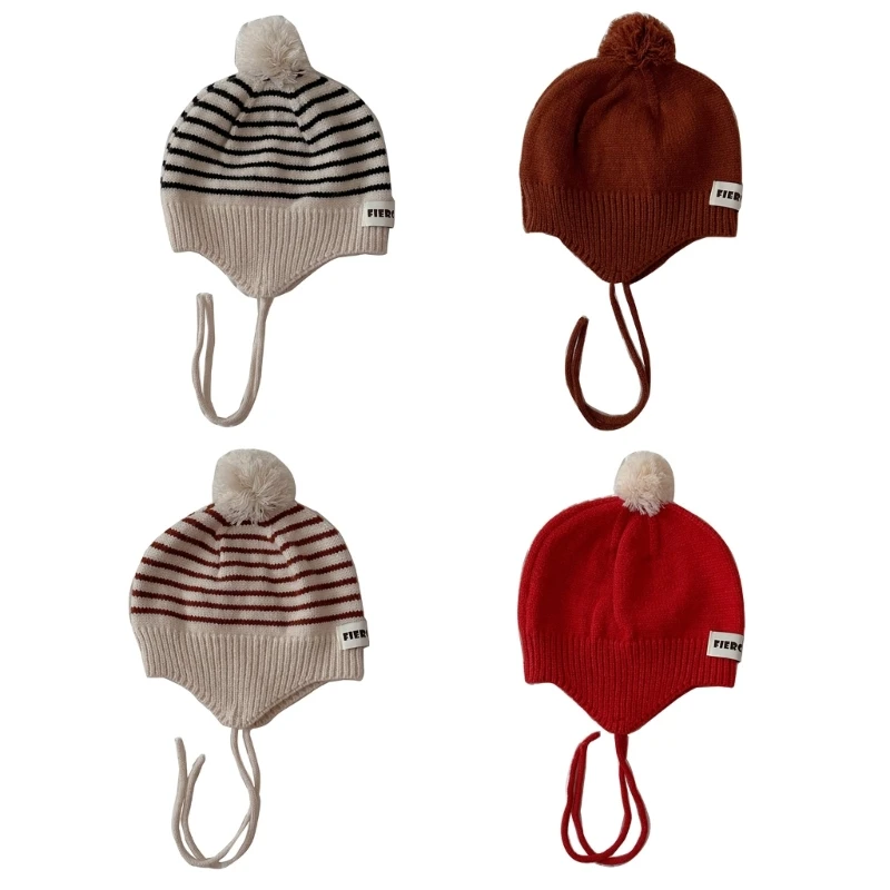 

57EE Soft Baby Bonnet Cap Stylish Pom Knit Hat Warm Cap for Kids with Ear Protections