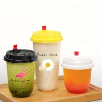 100pcs Disposable Daisy Flamingo Printed Milk Tea Cups  Food Grade PP Plastic Mug Juice Fruit Leak Proof U-shaped Cup with Lid 1
