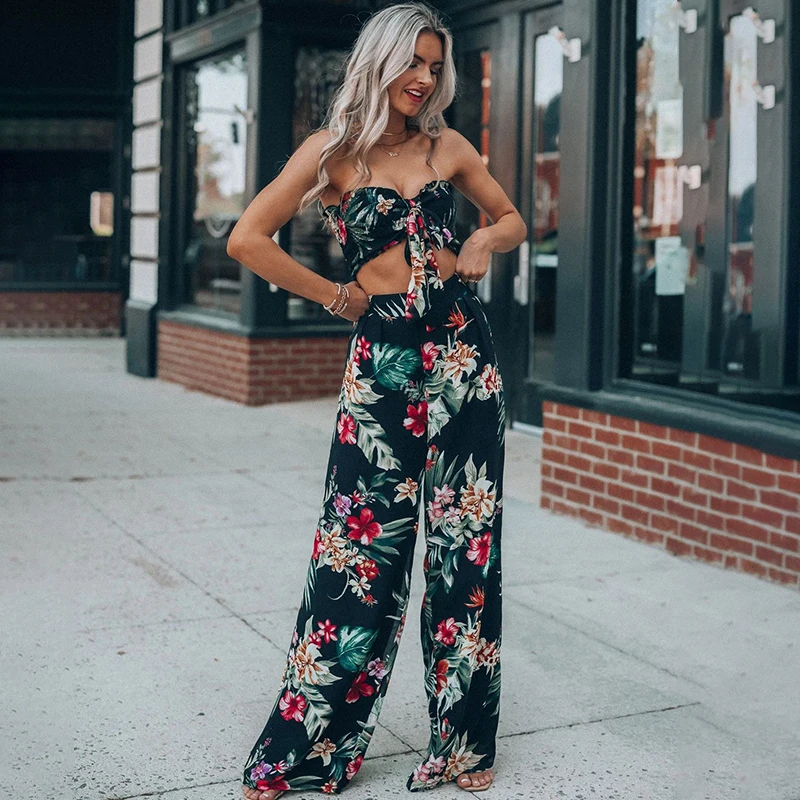 Fashion Strapless Floral Print Lace Up Crop Tops Summer Pant Sets Sexy Backless Wide Leg Trousers Beach Two Piece Set For Women