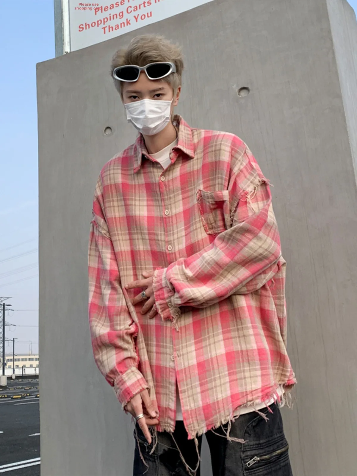 American Sle Vintage Red Plaid irt ex High End Feelings Frayed  Outerwear Trendy Brand Turn Collar irt