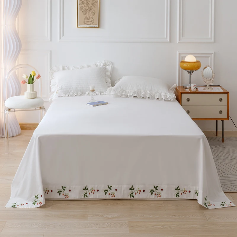 100% Cotton Twill Embroidered Bed Sheets Luxury Flowers Embroidery Solid Color White Bedding Flat sheet 230*250cm 250*250cm 6