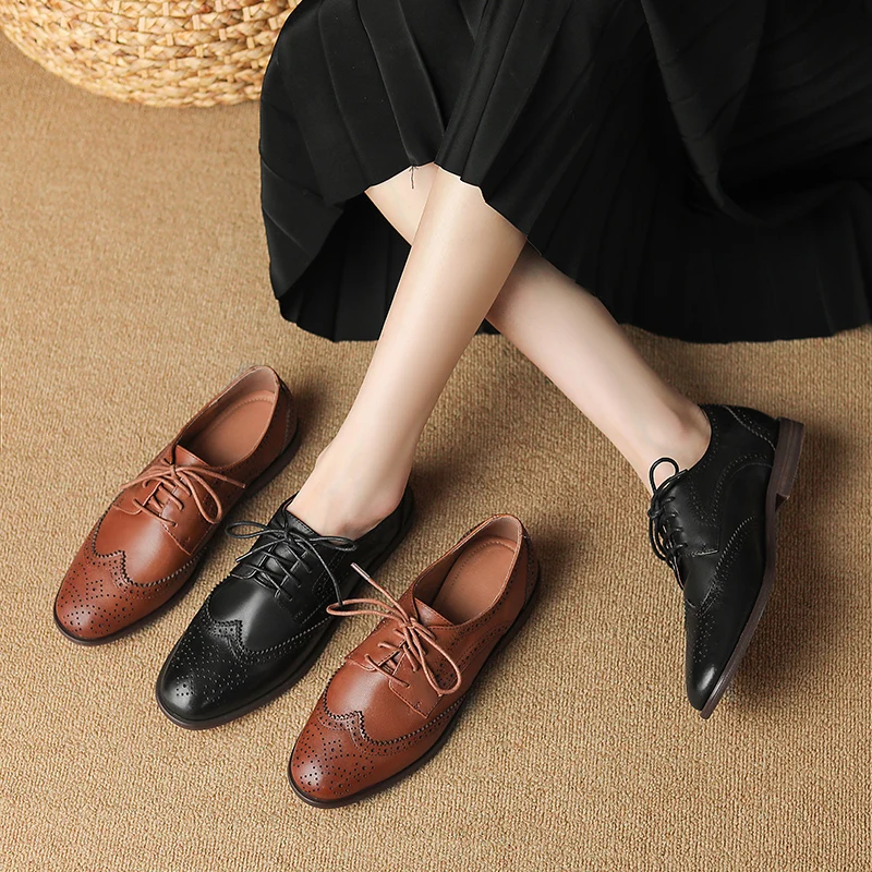 

2023new Spring women pumps natural leather plus size 22-26.5cm Vintage cowhide + pigskin full leather loafers women brogue shoes