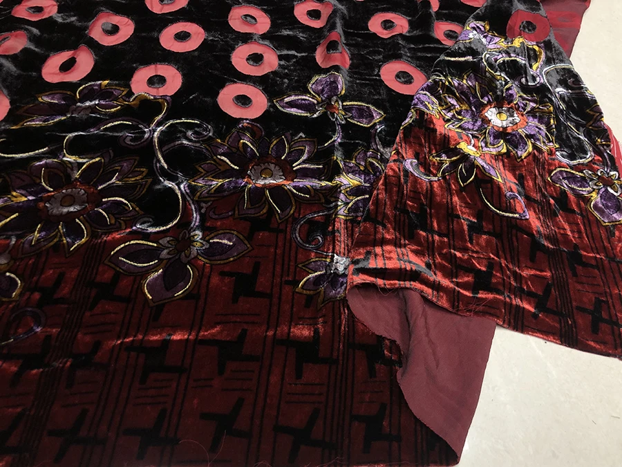 

High Quality Real Silk Velvet Positioning Flower Fashion Cloth Orange Bubble Ring Hollowed Purple Printing Designer Fabric