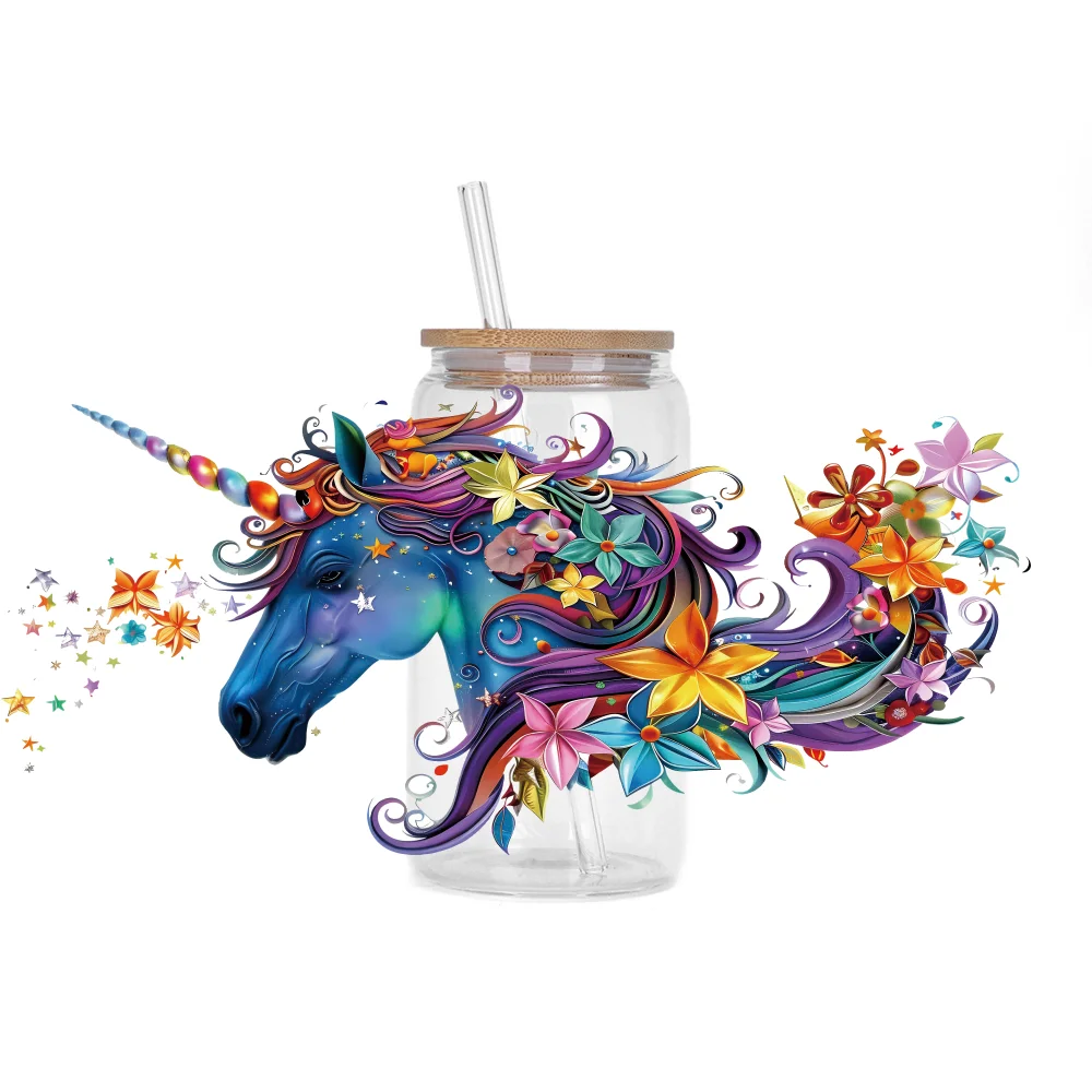Unicorn series Easy peel waterproof DIY Decals 3D transfers uvdtf crystal stickers 16oz uv dtf cup wraps for Glasses
