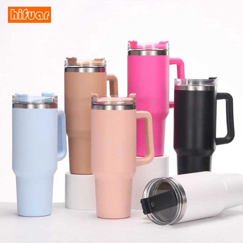 1200ml 커피 Termos Cupacuum 플라스크 휴대용 물병 40oz 머그잔 손잡이 절연 카페 텀블러 빨대 스테인레스 스틸