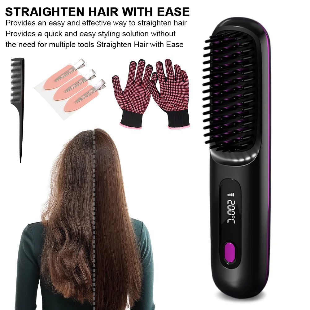 Portable Straightener Brush Cordless Hair Straightener Brush 3Setting Temperature Rechargeable Ceramic Hot Comb for Travel
