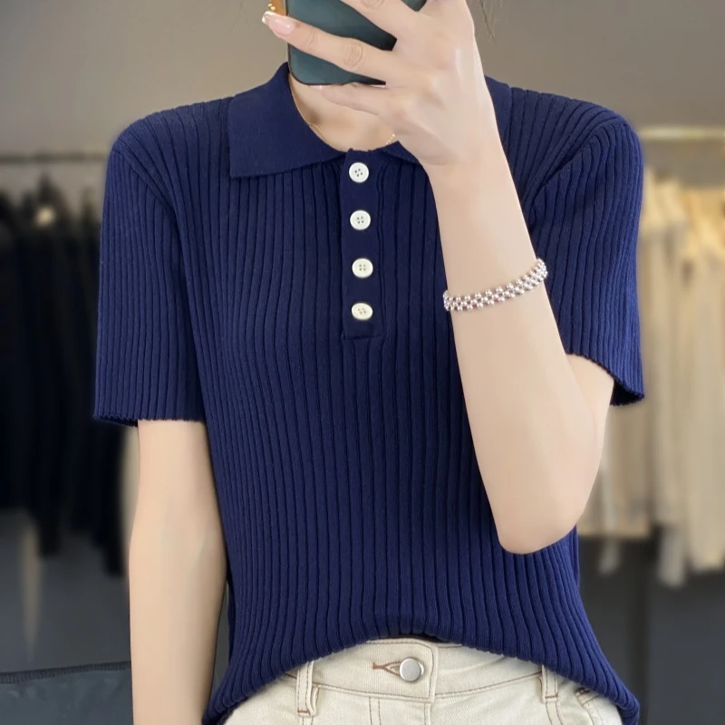 

Women's T-Shirt Summer Worsted Wool Sweater Short Sleeve Slim Fit Knitwear POLO Collar Ladies Tops Loose Blouse Pullover Tees