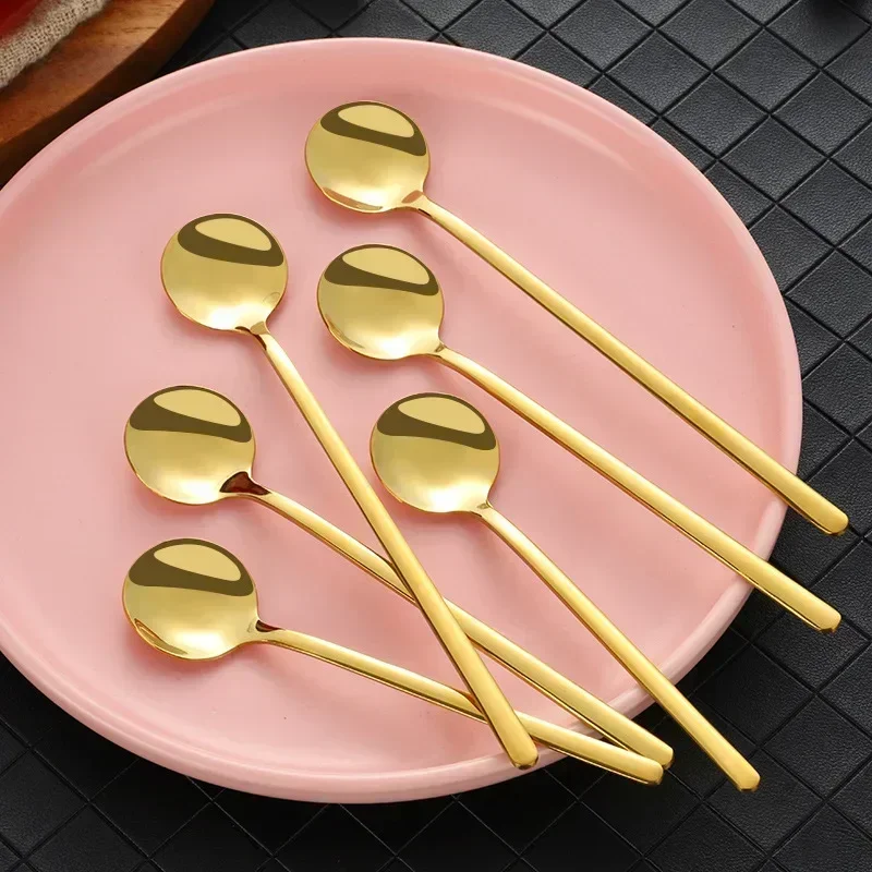 Long Handle Spoons Stainless Steel Golden Coffee Spoon Dessert Ice Cream Spoon Mixing Spoon Kitchen Dinnerware