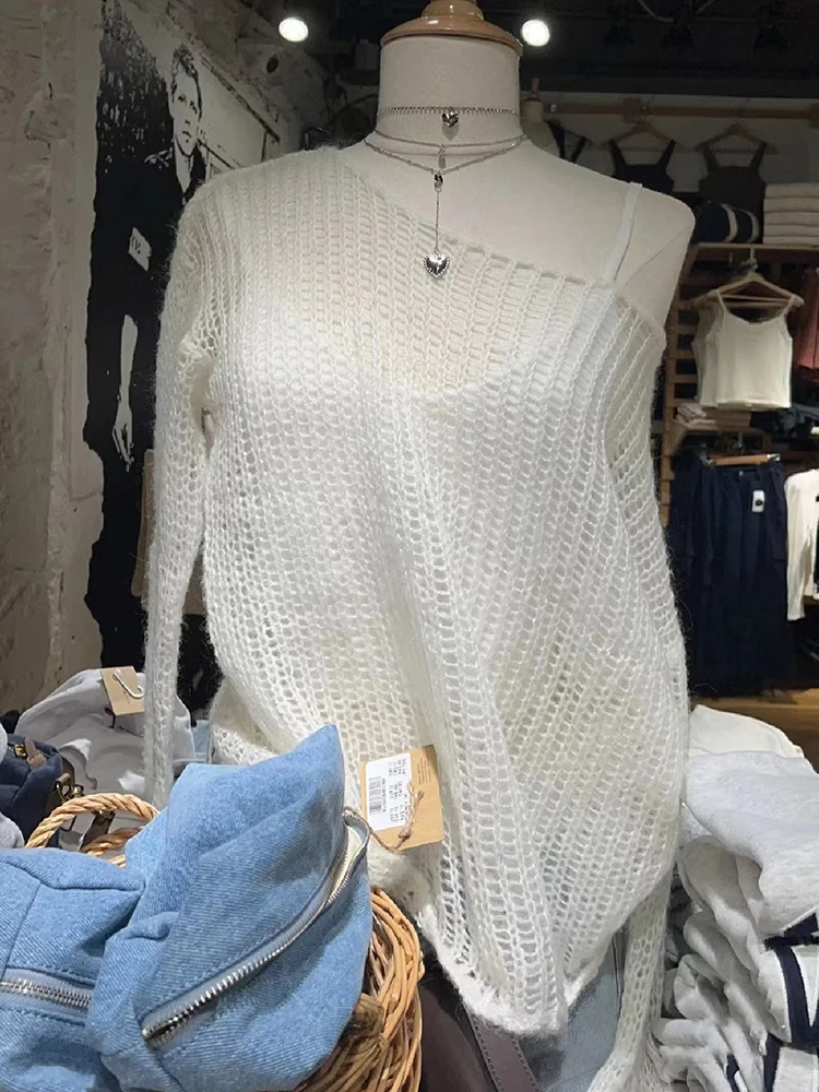 

Mohair Hollow Out Knitted Long Sleeve T Shirt Women Summer Sexy Scoop Neck Cotton Loose Tees Harajuku Solid Thin Smock Tops Y2k