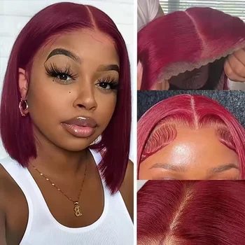 Burgundy Bob Wig 4C Hair Human Hair 13x6x1 Frontal Lace Straight Bob Wigs 99J Red Short Bob Wig Middle Part 100% Human Hair Wig