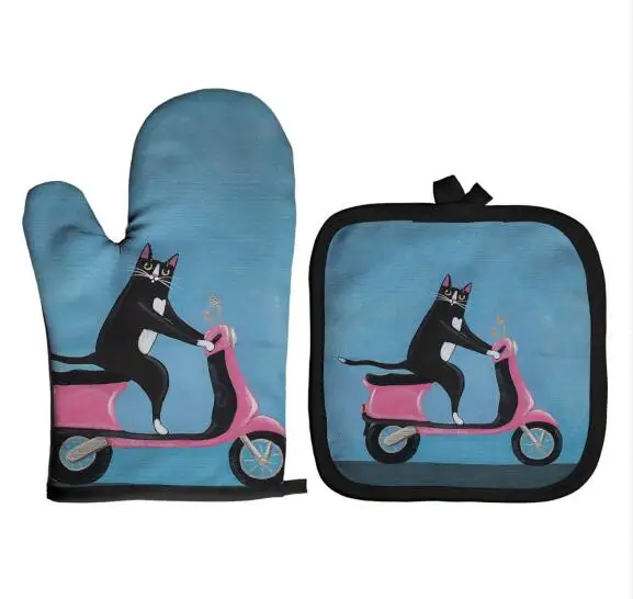 1 Paio Guanti da Forno in Cotone Gatto, 31cm Long, Microwave Adatti a Forno e Microonde, Utensili da Cucina