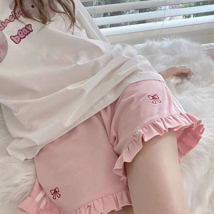 Sporty Shorts Women Ruffles Kawaii Bows Japanese Style Casual Loose Soft High Waist Summer Students Simple Fashion Popular Chic