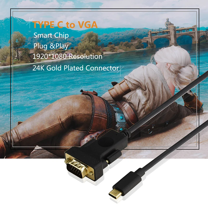CABLETIME USB C to VGA Video Cable HD 1080P for Computer Smart Phone U disk Keyboard Car Reader