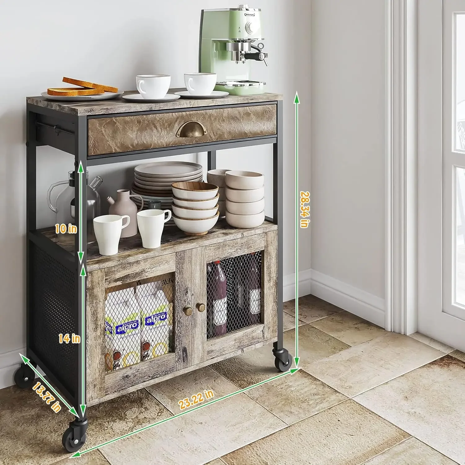 3 Tiers Kitchen Coffee Cart with Drawer for The Home, Movable Farmhouse Coffee Station Table on Wheels