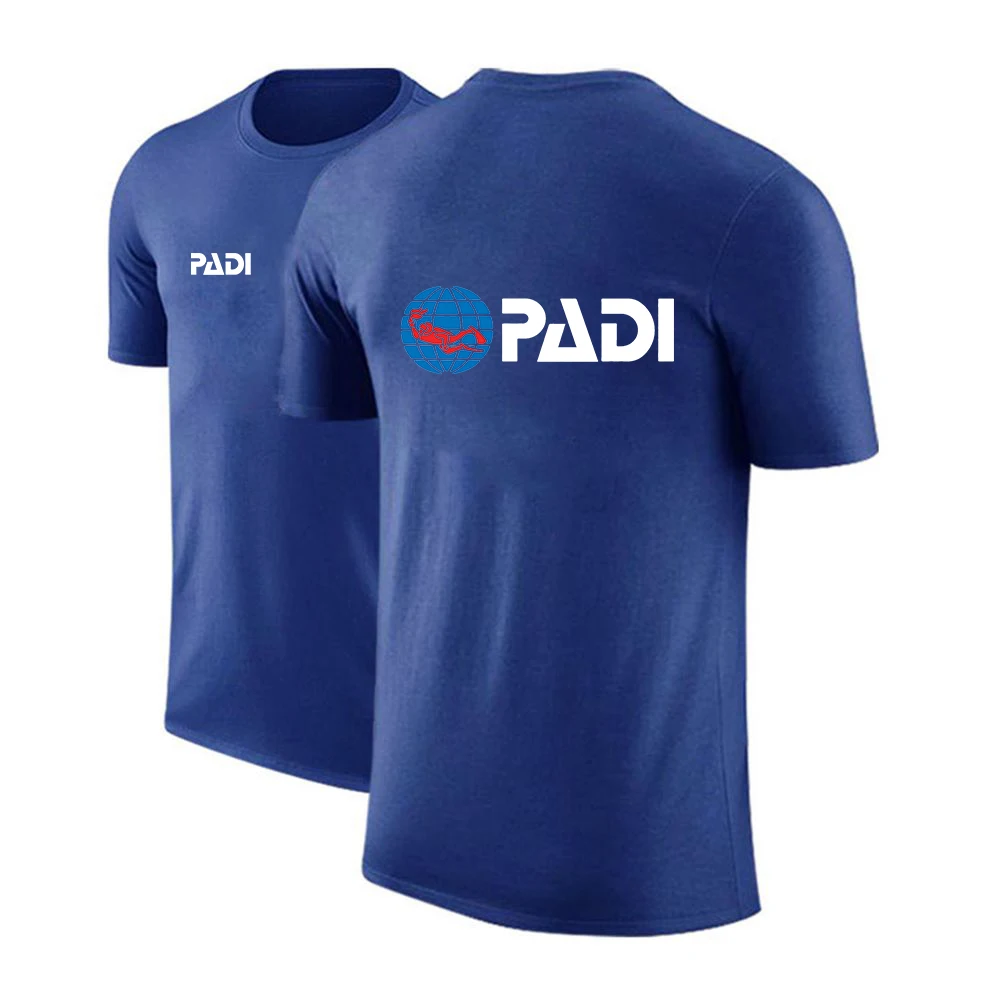 남성용 스쿠버 드라이버 Padi 로고 프린트 순면 라운드넥, 통기성 반팔, 캐주얼 루즈핏, 편안한 티 탑, 2024 여름