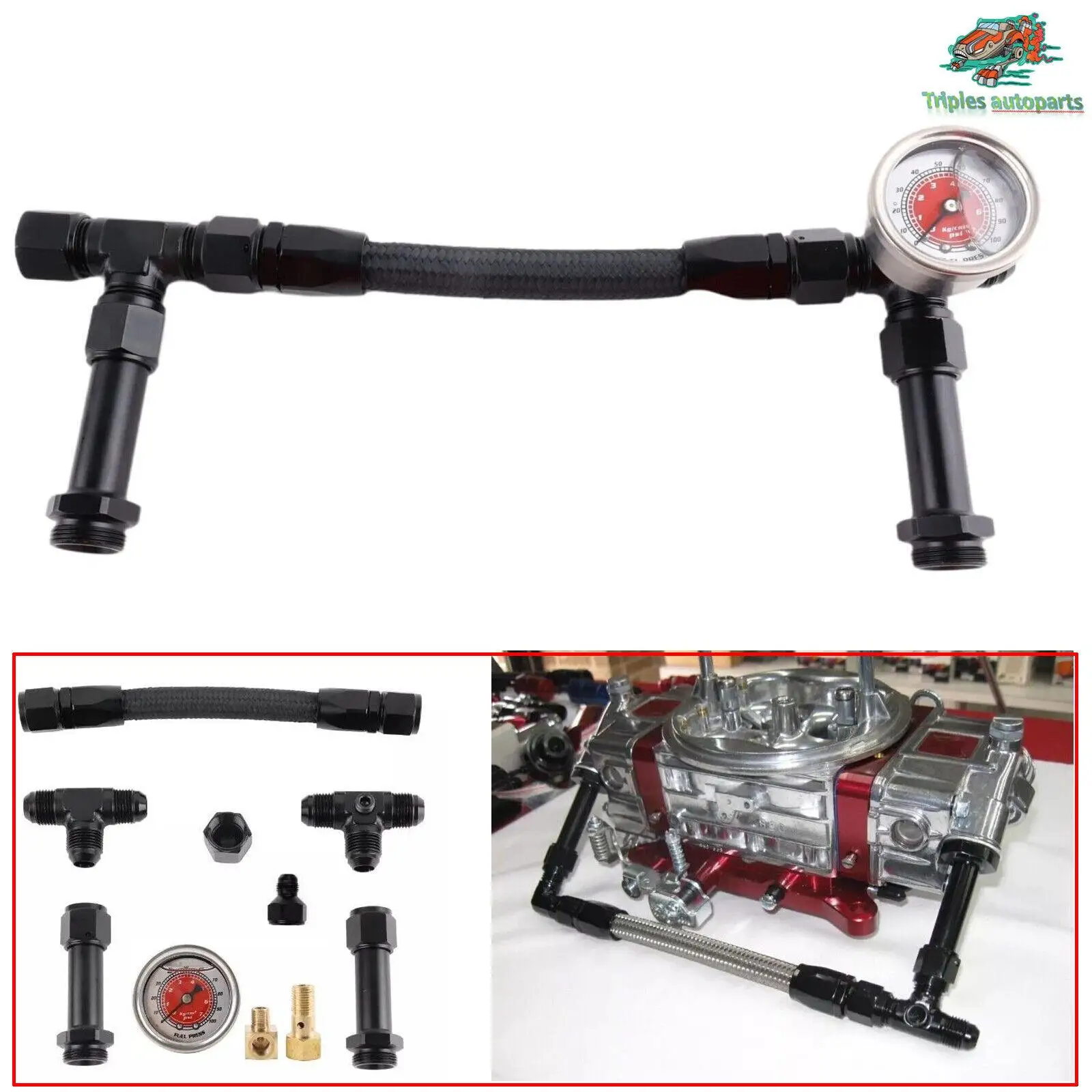 

AP02 For Holley Carburetor 4150 Fuel Line Pressure Gauge AN8 Braided Dual Feed Carb