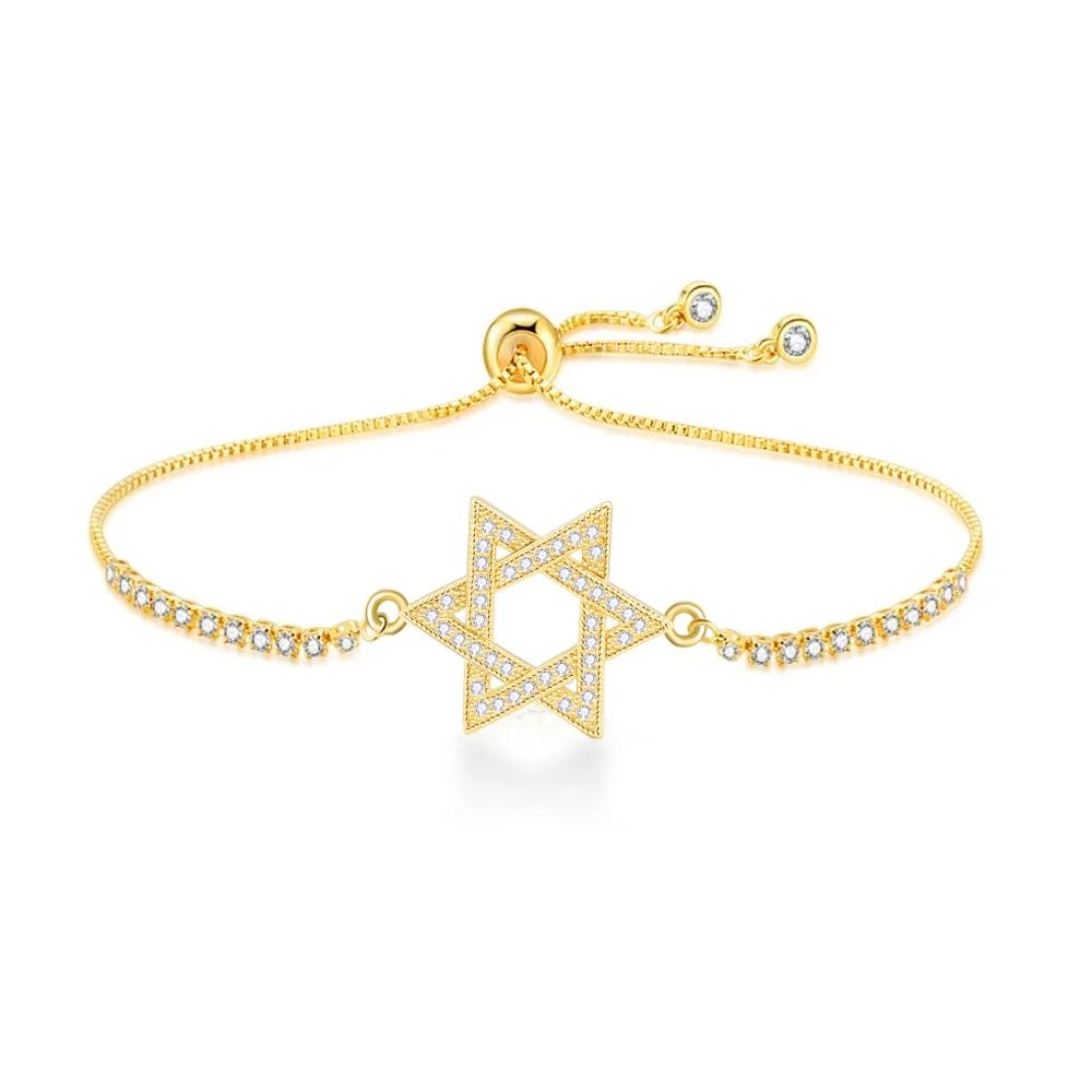 

AAA White Cubic Zirconia Crystal Six-point Jewish Star Of David Charm Bracelet Women CZ Stones Box Chain Adjustable Jewelry Gift