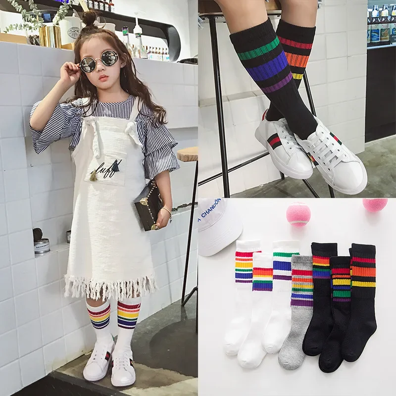Kids Knee High Stripe Cotton Socks Girls Boys Football Sports School White Socks Skate Children Baby Long Tube Leg Warm
