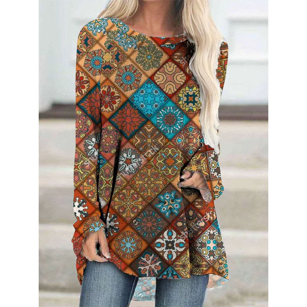 

CLOOCL Trendy Women T-Shirt Pullover Tops Long Sleeve Shirt Vintage Ethnic Geometric Pattern 3D Print Tee Loose Female Clothing