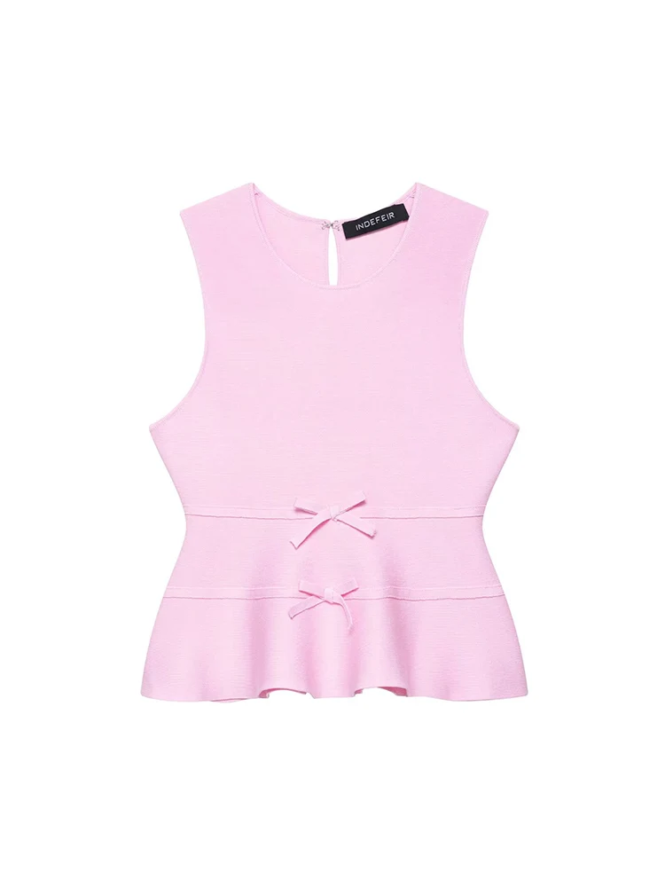 TFMLN Women French-style Bow Knit Top Round-neck Sleeveless Summer Fashion Slim-fit Elegant A Line Hem Lady Pink Tank Top