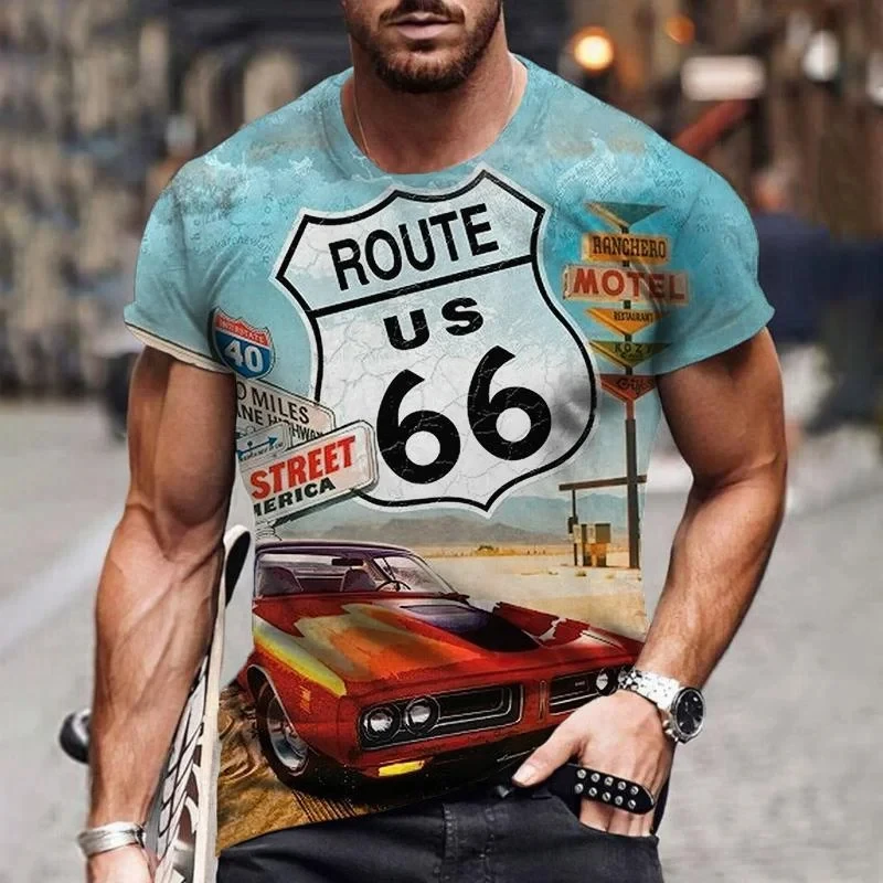 

Vintage Men's T-Shirt 3D Route 66 Biker Print O-Neck Men Oversized T-Shirt Summer Short Sleeve Fashion Unisex Clothing